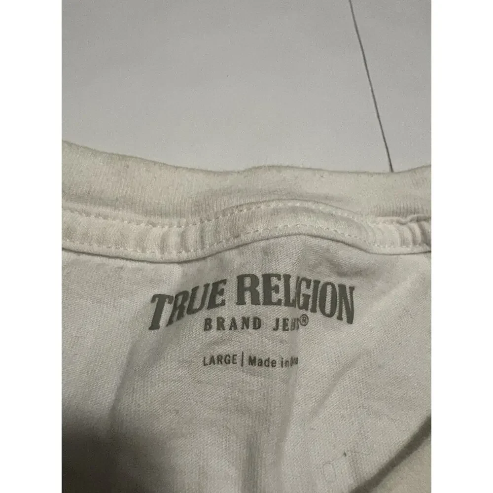 True Religion Mens Large Buddha Guitar Graphic T Shirt White Brown Y2K